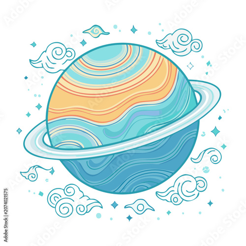 Flat illustration of Saturn with rings and decorative clouds