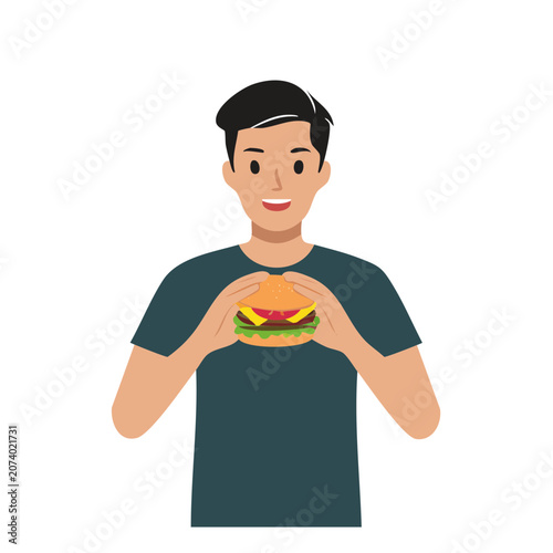 Man holding hamburger in flat vector style