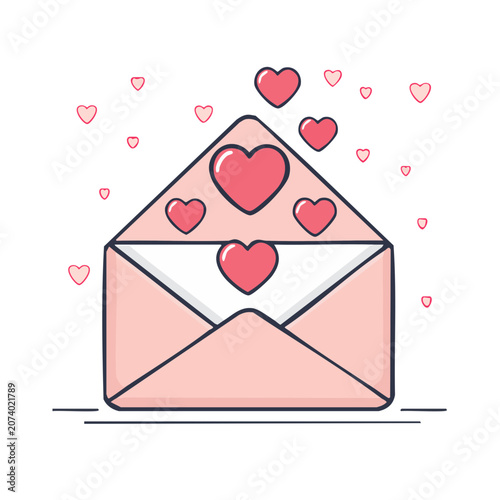 Pink love letter envelope with hearts, flat vector illustration