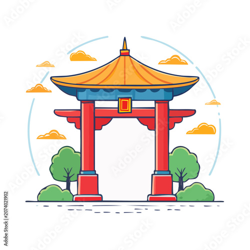 Traditional Chinese Gate with Pagoda Roof Illustration