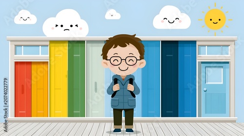 Happy boy with backpack and glasses stands before a row of colorful doors under a sky with emotional clouds and a sun, symbolizing choices, opportunities, and the future