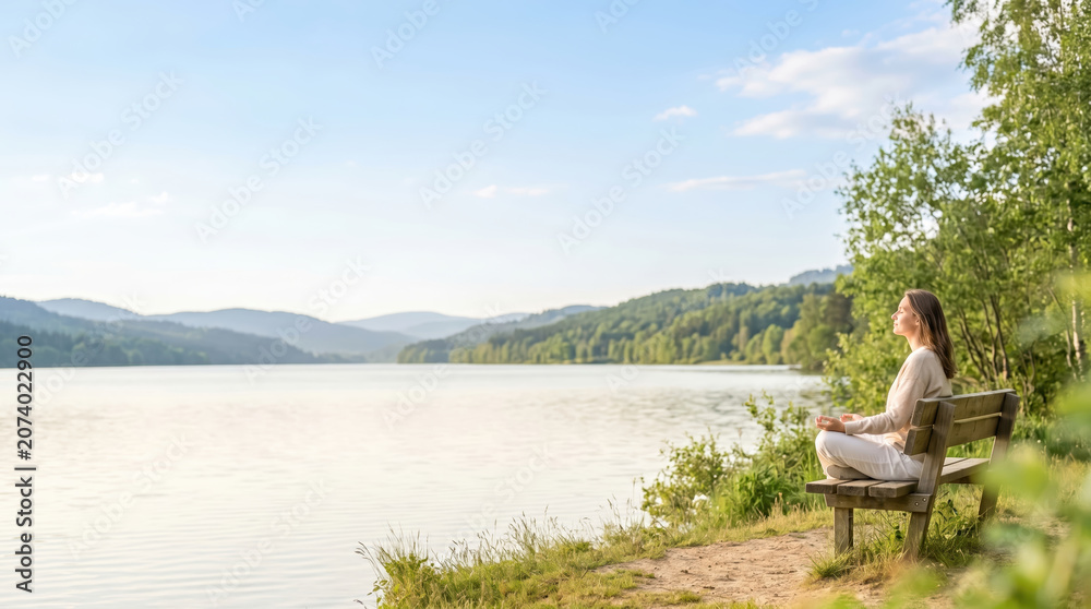 Fototapeta premium Wooden bench in a serene outdoor setting