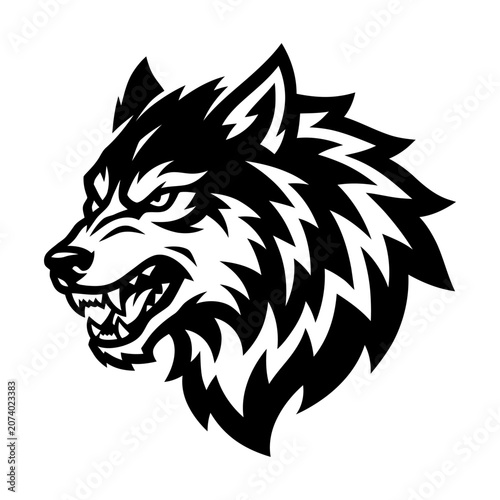 Black and white wolf head logo.