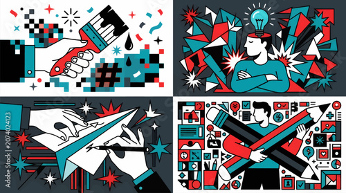 Flat Vector Illustration of Creative Process: Painting, Idea Generation, Writing, and Design with Geometric Shapes and Icons, Dynamic Composition
