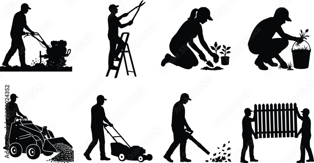 Obraz premium Gardening and Landscaping Worker Silhouette Collection with Outdoor Maintenance Activities