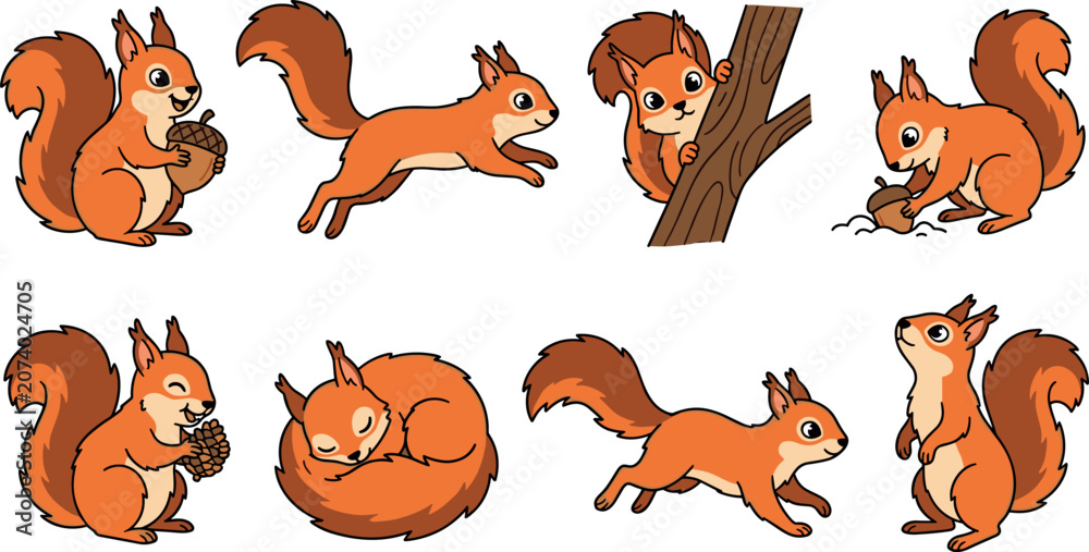 Obraz premium Cute Cartoon Squirrel Vector Character Set Featuring Various Poses Like Jumping, Sleeping, Eating Acorns, Climbing Trees, and Standing for Kids Design