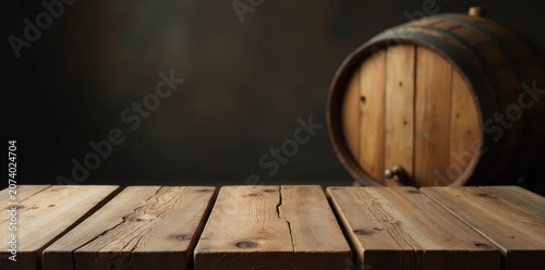 Weathered wooden table with a large barrel in the background , wooden crates, old barrel