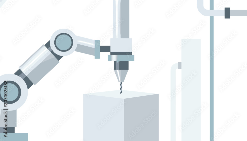 Naklejka premium Industrial robotic arm precision drilling into a solid white block in a manufacturing environment using automated mechanical technology.