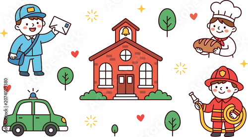 Foto Cute Community Helpers Vector Icon Set with Cartoon Firefighter, Mail Carrier, B