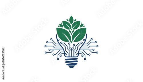 Green technology innovation represented by a light bulb combined with digital circuit board patterns and natural leaves for eco friendly energy ideas.