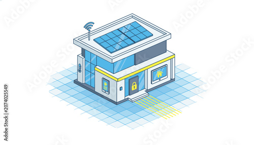 Isometric smart home automation system featuring solar panels and wireless connectivity for modern energy efficient residential living concepts.
