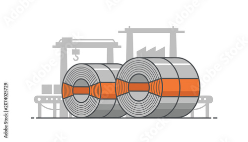 Large steel coils resting on a manufacturing conveyor belt system within an industrial factory environment for metal processing and production.