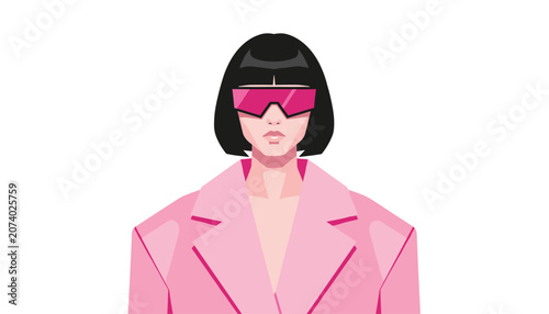 Fashionable woman with a stylish bob haircut wearing vibrant pink sunglasses and a coordinated pink coat for modern street style trend concepts.