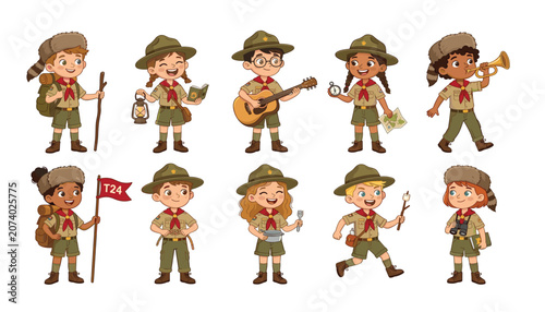 Foto Cute cartoon scout children characters set doing outdoor activities camping hiki