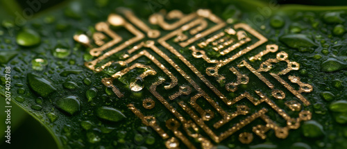Golden circuit pattern rests on dewy green leaf