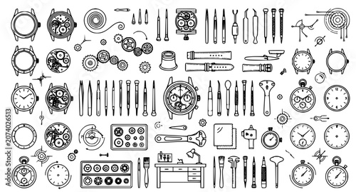 Foto Detailed watch components and tools sketch collection for horology and repair pr