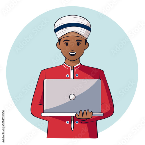 Smiling man in traditional clothing holding a laptop