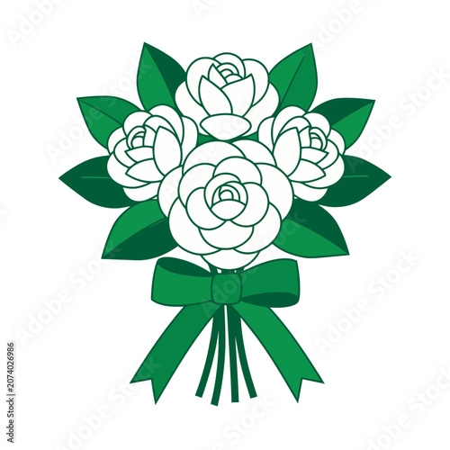 White rose bouquet with green ribbon vector illustration