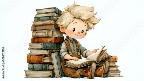 Cute blonde boy happily reading a storybook while sitting by a tall stack of books, in a charming watercolor illustration style