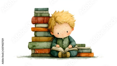 Whimsical watercolor painting of a cute little boy with blonde hair reading a book next to tall stacks of colorful books
