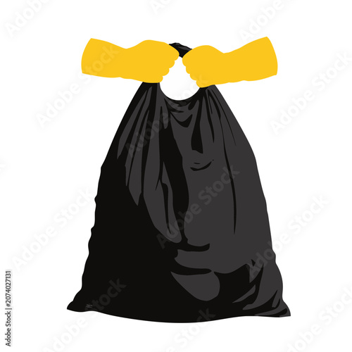Black garbage bag with yellow handles vector illustration