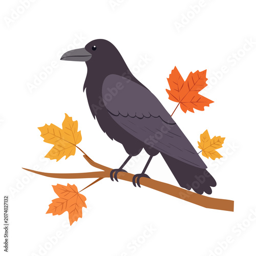 Black raven perched on branch with autumn leaves