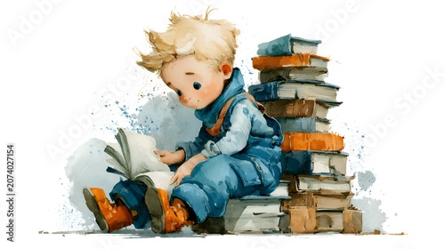 Watercolor illustration of a cute little boy deeply engrossed in reading a book, sitting beside a tall stack of books