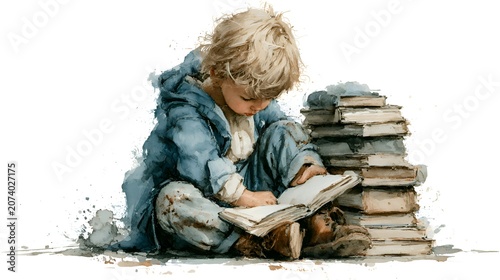 Watercolor illustration of a young boy reading a book with intense concentration, sitting on the ground surrounded by a large stack of books, depicting childhood literacy and education
