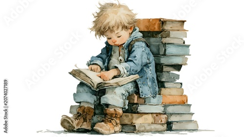 Watercolor illustration of a young boy with blonde hair reading a book while sitting on a pile of books