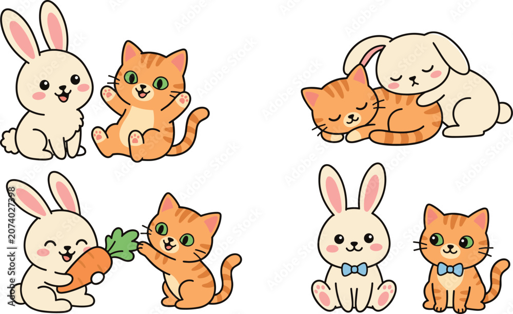Naklejka premium Cute Kawaii Cartoon Bunny and Ginger Cat Vector Illustration Set Featuring Adorable Best Friends Playing Sleeping and Sharing a Carrot