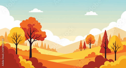 Vibrant Autumn Landscape with Rolling Hills and Colorful Trees.