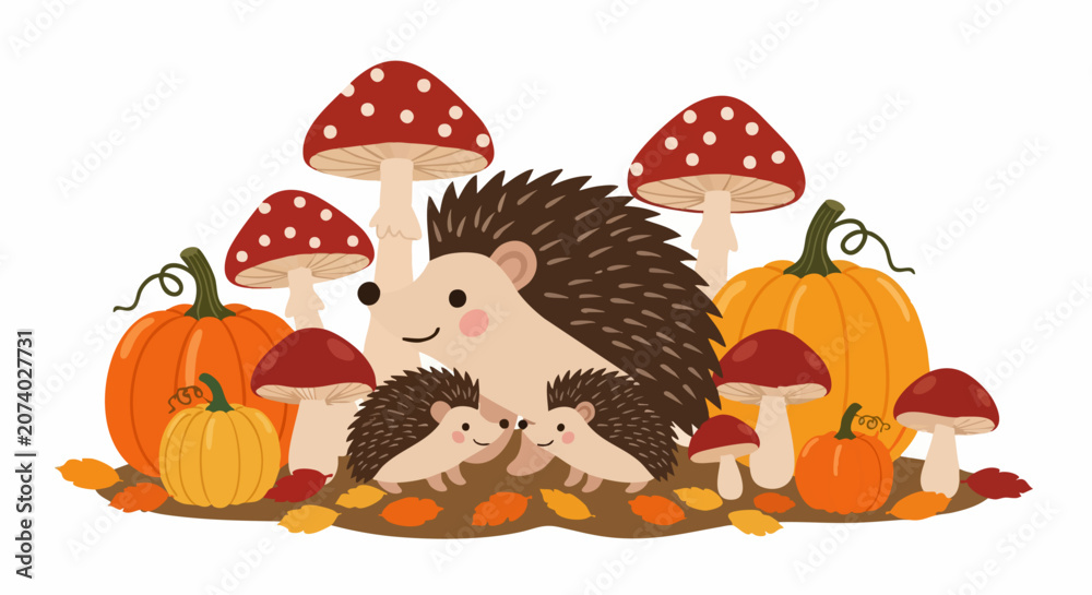 Naklejka premium Adorable hedgehog family with their babies.