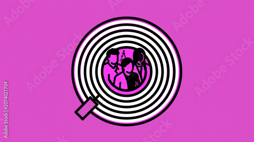 business human resources concept of hand holding magnifying glass over crowd of pink figurines on blue surface for talent selection