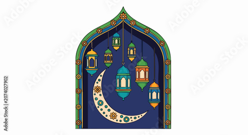 Ramadan Islamic crescent moon and lanterns decoration.