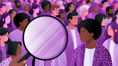 hr recruitment concept with hand using magnifying glass to select one pink figurine from crowd of others on blue background