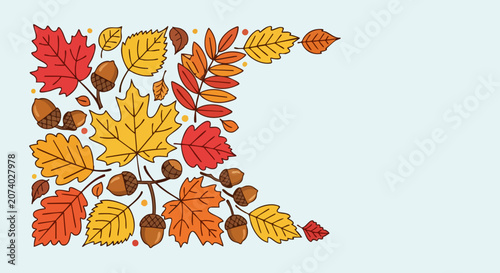 Hand drawn autumn leaves and acorns corner frame illustration.
