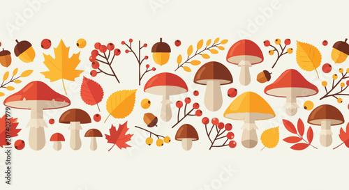 Autumn forest elements seamless pattern with mushrooms leaves and berries.