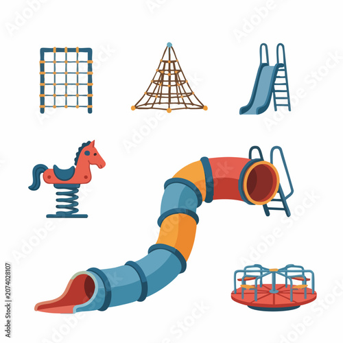 Collection of colorful playground equipment for children.