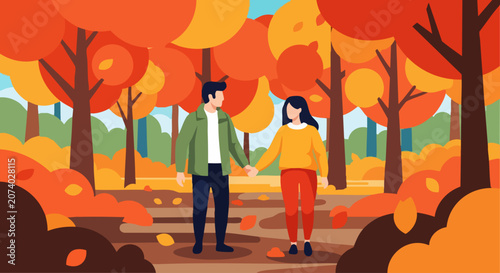 Couple Holding Hands Walking Through Autumn Forest.