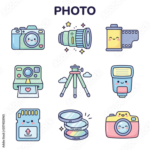 Cameras and photography equipment icons set.