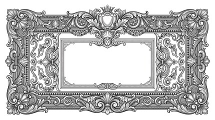 Highly detailed ornate vintage frame and decorative border featuring baroque engraving, floral scrollwork and filigree elements. Ideal for certificates, invitations, labels and packaging.