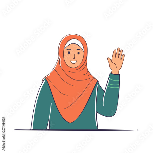 Woman in hijab waving, flat vector illustration