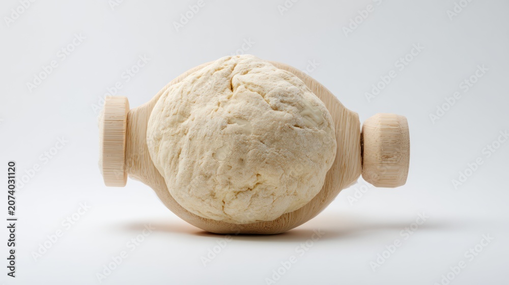 Fototapeta premium Close up of dough in a wooden utensil on a plain white background