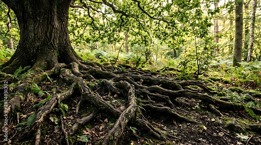 Fototapeta premium Massive Oak Tree Roots Spread Across Forest Floor
