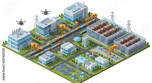 Isometric illustration of a modern industrial smart factory complex with drones and transport.