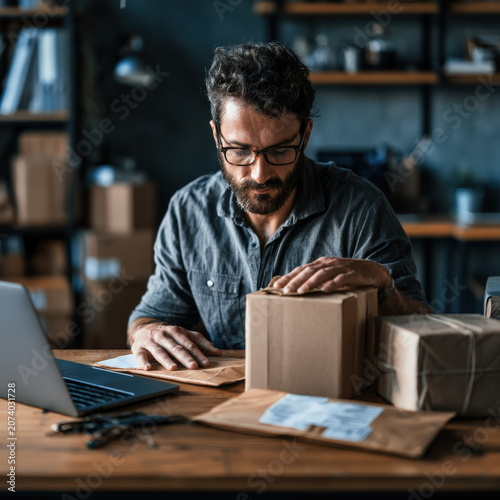 Man with glasses handles package at cluttered desk