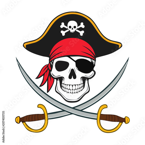 Pirate skull with crossed swords and hat vector illustration
