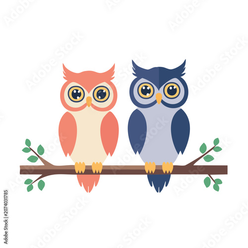 Two Cute Owls Sitting on a Branch
