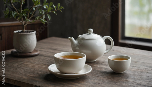 A realistic and atmosphere photo, no people, just clean white cups of tea and white teapot