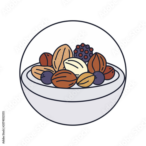 Bowl of Nuts and Berries Flat Vector Illustration